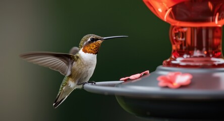 Fototapeta premium A joyful hummingbird sipping nectar from a garden feeder