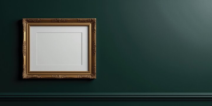Classic Art Frame on Deep Green Wall Minimal Copy Space, Elegant Design