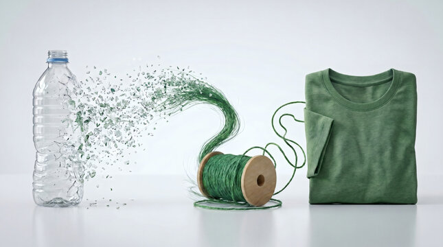 Transformation concept of a plastic PET bottle into a recycled T-shirt.
