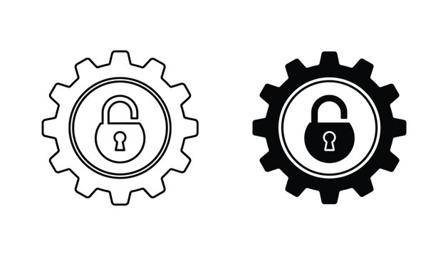 Gear cogwheel with lock icon set in clean line art and solid black vector style for security systems and technical protection software branding