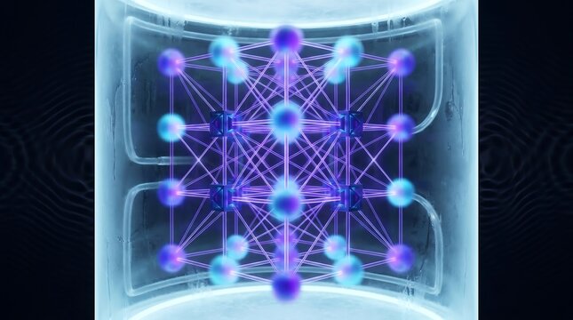 Quantum computing system 3D lattice of qubits in superposition with entangled nodes, quantum gates network, cryogenic chamber in dark space, abstract scientific visualization render