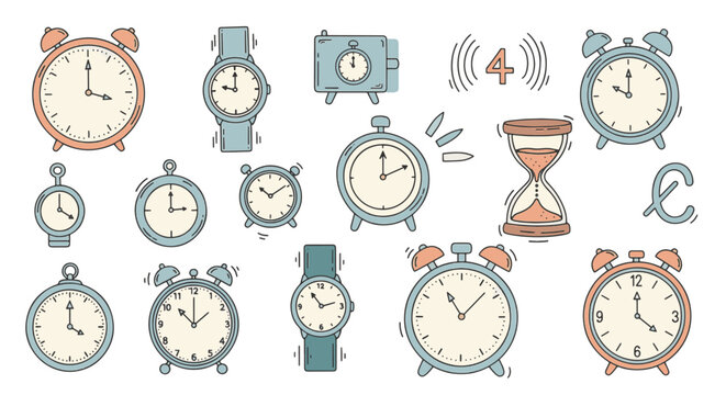 Collection of cute hand drawn vector illustrations of time management elements including alarm clocks, wristwatches, hourglasses, stopwatches, and calendars on a white background.