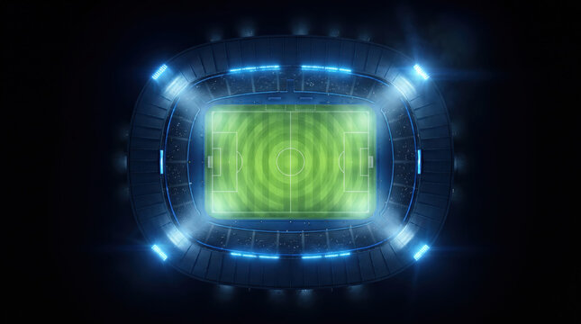 Football World Cup 2026 stadium top view with illuminated soccer field and glowing arena lights, futuristic sports background concept representing global tournament excitement