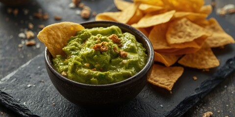 Chunky guacamole with lightly salted tortilla chips on a dark slate platter