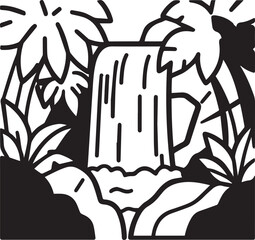 A stylized illustration of a tropical waterfall cascades into a pool surrounded by lush foliage, evoking a sense of exotic tranquility. © DesignINKZ