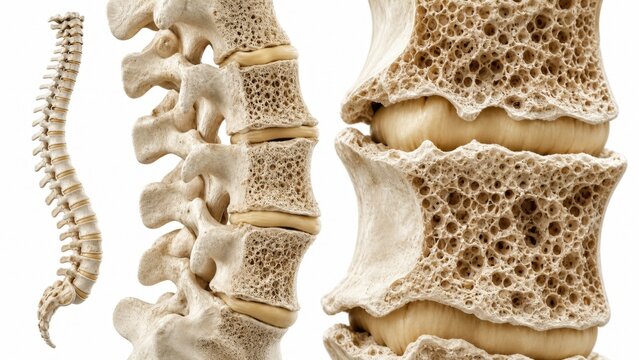 AI generated image of a human spine showing severe osteoporosis, porous bone structure, and bone density loss, medical 3D illustration isolated on white