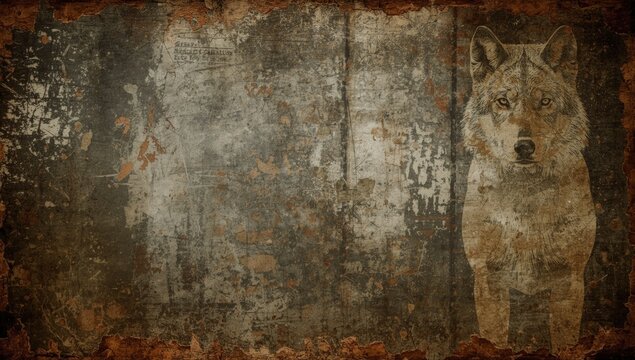 Distressed Wolf Illustration on Peeling Texture Background Vintage Wallpaper, Grunge Style