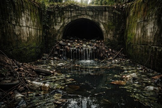 Moss covered drainage walls with blocked sewer and outdoor water stagnation