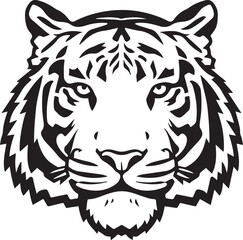 Fototapeta premium A bold black and white illustration of a tiger's face, featuring intricate stripes and piercing eyes, conveys a sense of power and wildness.