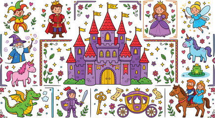 Obraz premium Fantasy fairytale collection with princess castle unicorn dragon fairy knight and magical cartoon vector illustration elements set