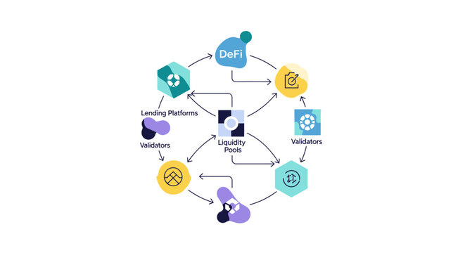 DeFi Ecosystem Infographic showing Liquidity Pools, Lending Platforms, and Blockchain Validators Connectivity