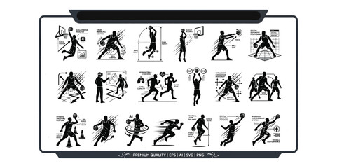 Basketball training and team sports vector icons set featuring player silhouettes slam dunk positions tactical play diagrams and athletic biometrics telemetry analytics. © Sabina