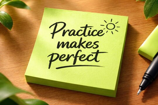 Positive saying practice makes perfect featured on a fresh green sticky pad