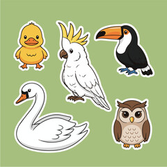 Fototapeta premium Cute Cartoon Bird Stickers Set with Duckling Toucan and Owl