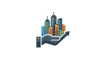 Fototapeta premium Hand Holding Cityscape With Upward Arrow Symbolizing Growth.