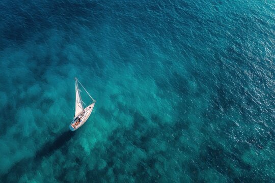Sailboat sailing on turquoise ocean water from aerial view