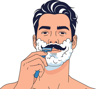 Illustration of a man shaving his face with a razor and shaving cream, close-up view of his grooming routine