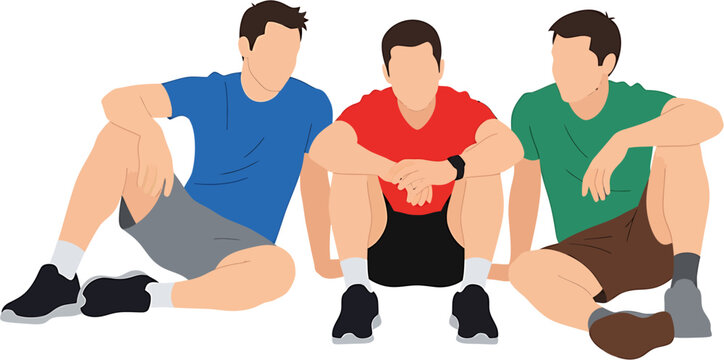 Flat design illustration of three casually dressed young men sitting together, relaxed and conversing, embodying friendship, teamwork, and leisure