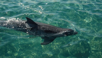 Fototapeta premium Alert bottlenose dolphin navigating crystal clear coastal waters