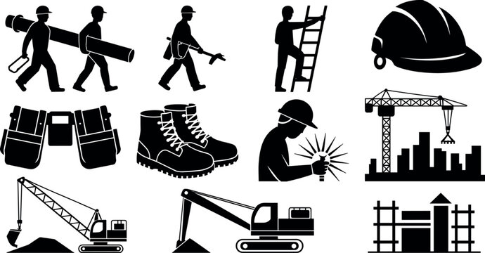 Construction site industrial icon set featuring workers silhouettes heavy machinery crane excavator safety helmet and tools for building project engineering