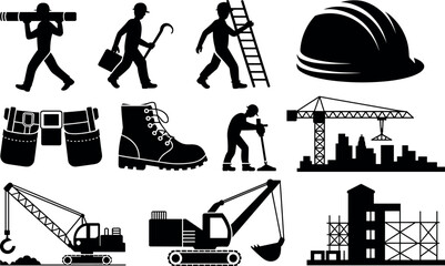 Construction site industrial icon set featuring workers silhouettes heavy machinery crane excavator safety helmet and tools for building project engineerin © Md