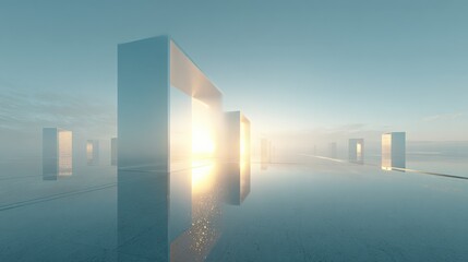 Fototapeta premium Surreal architectural structures in a misty, reflective landscape bathed in golden sunrise light