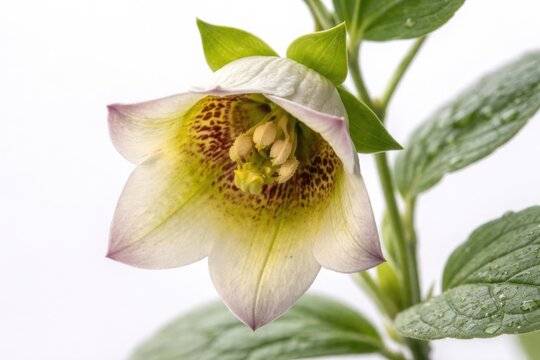 Sharp close up of codonopsis blossom on smooth white background