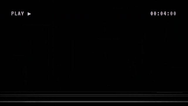 VHS Glitch Overlay with CRT Scanlines and Retro Play Interface on Black Background 4k video