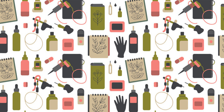 Seamless pattern of professional tattoo studio equipment featuring tattoo machines ink bottles gloves and floral sketch flashes for creative artistic backgrounds