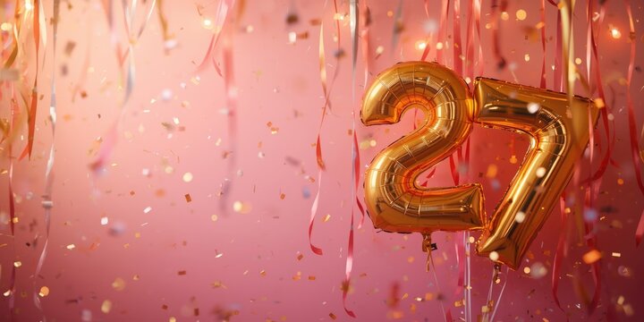 Bright and shiny gold foil balloons in the shape of number 27 for festive events