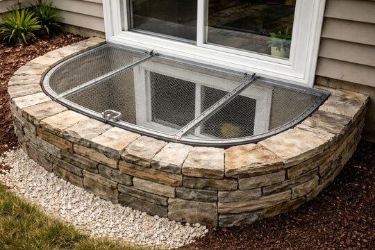 Stone surrounded window well securing newly fixed basement windows