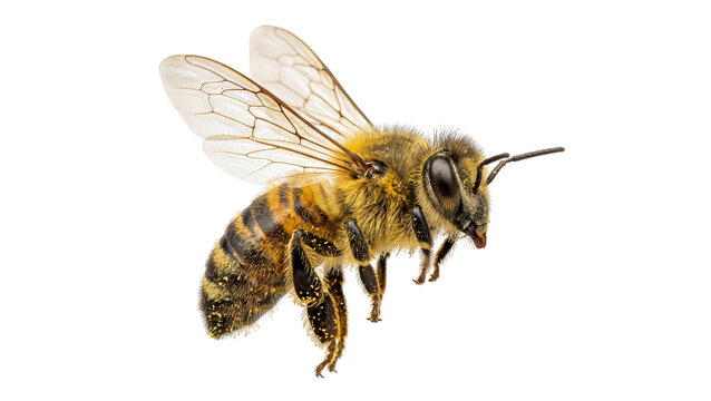 Close up profile of honeybee in mid air flight isolated on transparent background showing intricate wing structure and hairy abdomen for nature conservation and biology educational material