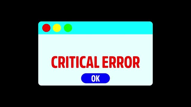 Critical error message pop up window animation on transparent background, warning alert sign with critical error text animated.