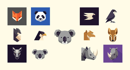 Fototapeta premium Geometric Animal Portraits Collection: Fox, Panda, Eagle, Crow, Wolf, Koala, Rhino
