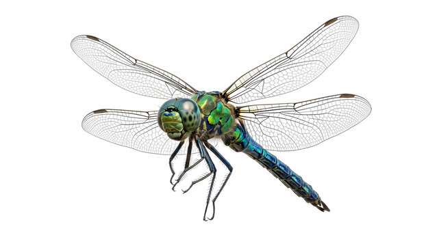 Macro photography of vibrant green dragonfly isolated on transparent background showing wings structure and compound eyes captured in mid flight for high resolution nature stock image collection style