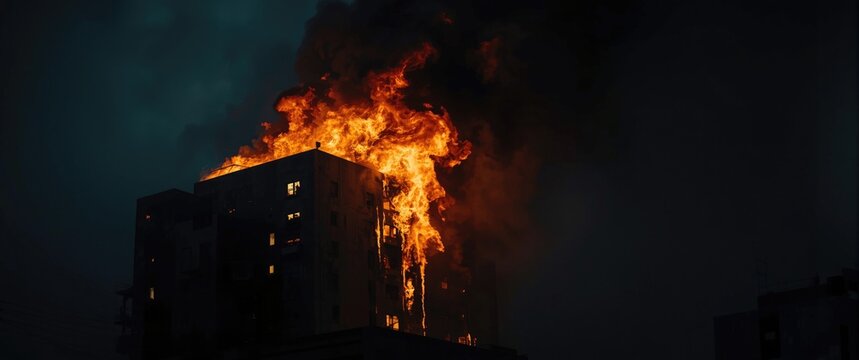 Intensely Burning Building Nighttime Scene with Dark Smoke, Dramatic Lighting