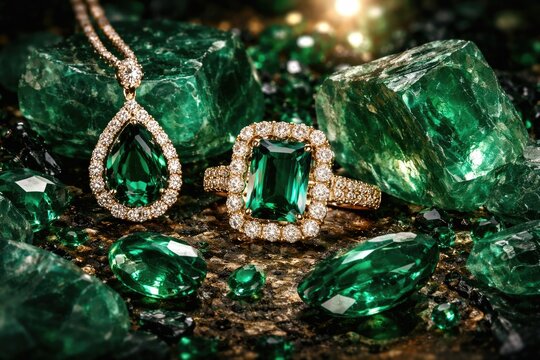 Fine jewelry showcasing natural emerald crystals alongside rich green gems