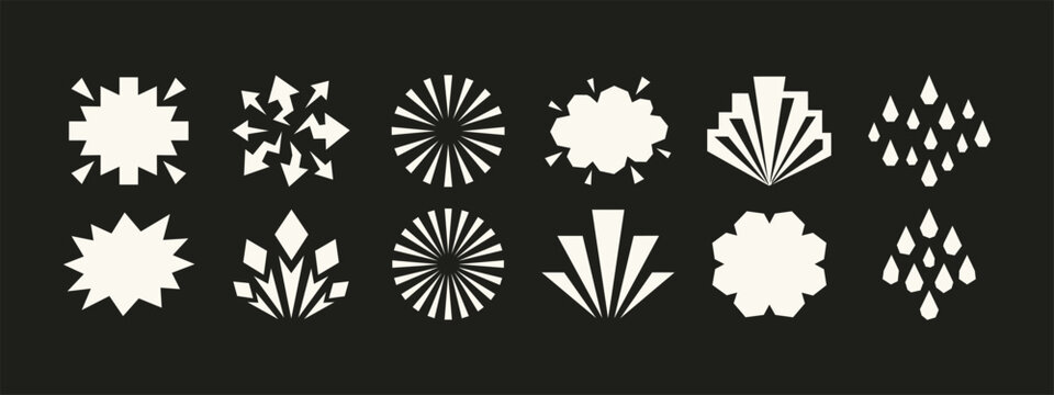 Abstract white geometric shapes and burst icons set on black background vector