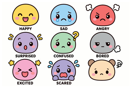 Emotions faces cartoon characters.