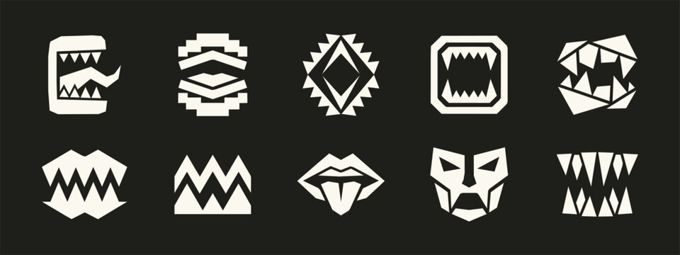 Set of geometric monster mouth icons with sharp teeth and aggressive jaws on black background