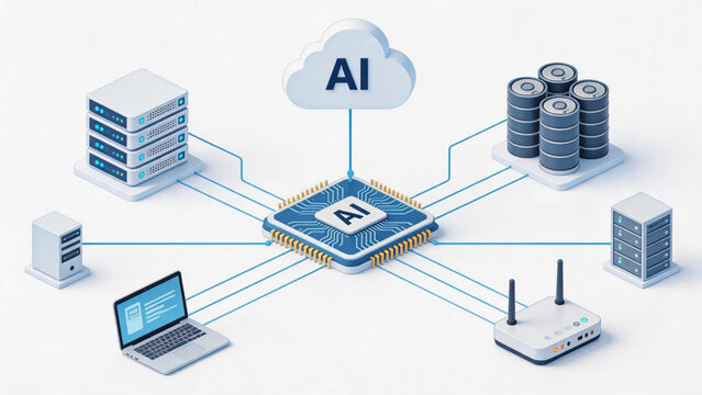 AI cloud computing infrastructure concept with futuristic digital server network and automation technology, idea for enterprise IT innovation and smart business systems