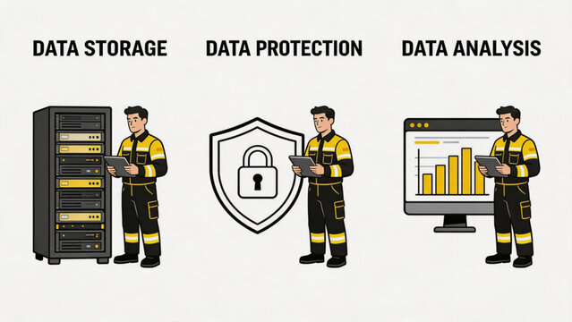 Data management and enterprise workflow concept collection with cybersecurity analytics cloud automation and digital technology system, idea for smart business infrastructure