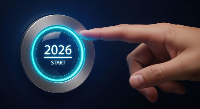 Finger presses illuminated button with year 2026 and 'START' text, symbolizing future beginning