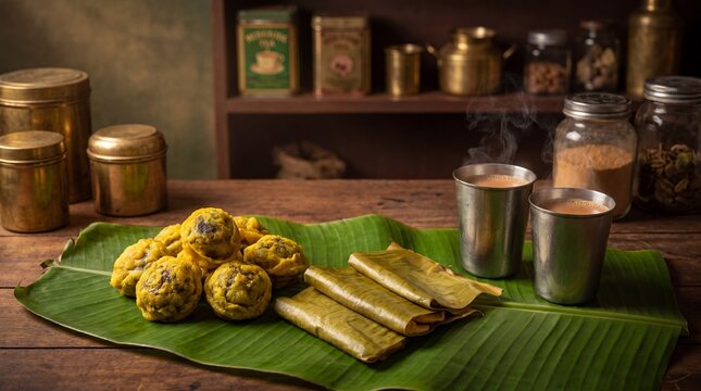 Traditional Kerala tea time snacks Sukhiyan and Ela Ada served hot on a banana leaf with steaming hot milk tea in steel glasses, rustic wooden table background, authentic South Indian cuisine.