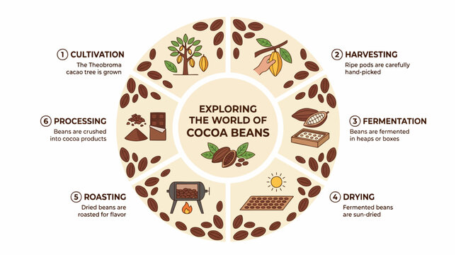 Minimalist 2d flat illustration of cocoa beans arranged in circular infographic style