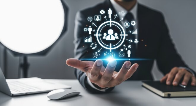Business professional holding digital target audience icons for marketing strategy and customer acquisition
