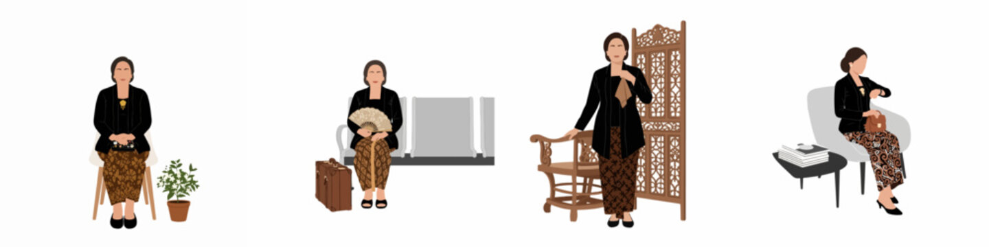 Vector Illustrations of an Indonesian Woman in Traditional Kebaya and Batik Attire Depicting Various Poses and Settings Including Traveling and Waiting