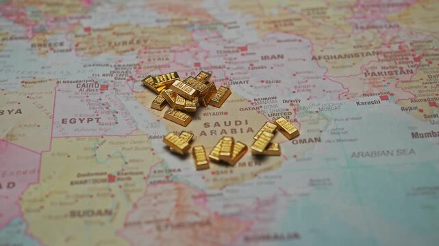 Gold bars on Saudi Arabia map wealth and finance concept.