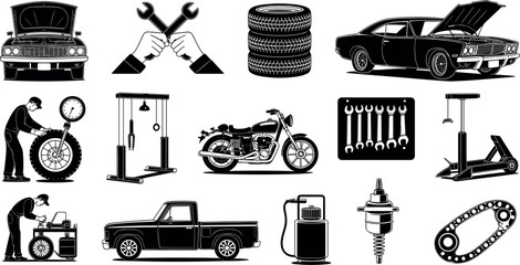Automotive repair vector icon set featuring classic cars, pickup trucks, motorcycles, mechanic tools, tires, and garage workshop equipment silhouettes © Md