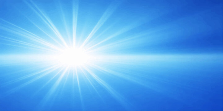 Blue sun rays in bright summer sky background illustration with sunshine, light burst, star flare, clouds and glowing nature backdrop vector art